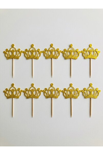 Taç Gold Sarı Simli Cupcake Kürdanı Doğum Günü Parti ve Pasta Süsü 10 lu 5cm