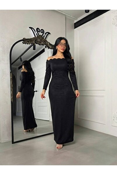 MNCENTER فستان اسود ناعم بلمعه