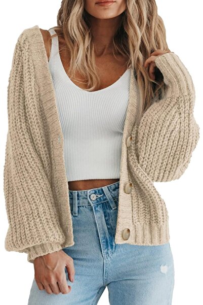 OEM BUNSLOOM Cardigan scurt de damă, tricotat gros, cu mânecă lungă, deschis,...