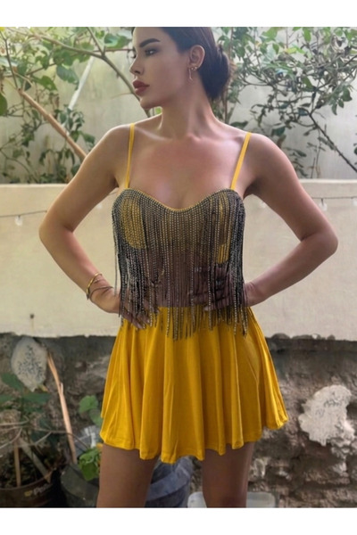Miss Sandy Fabric Flared Dress with Stone Tassel Detail