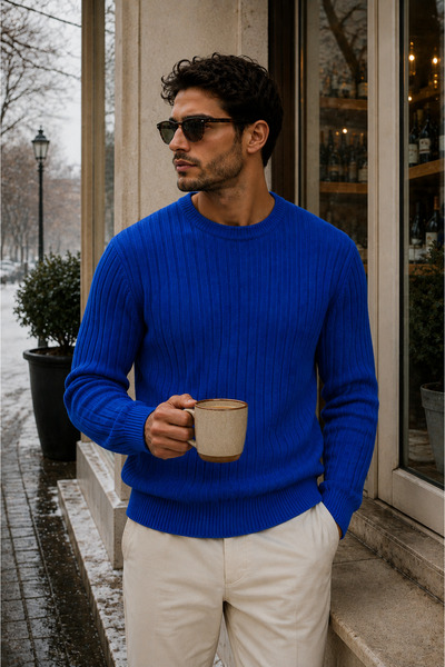 legends butik Men's Premium Ribbed Knitwear Sweater Crew Neck Slim Fit Winter...