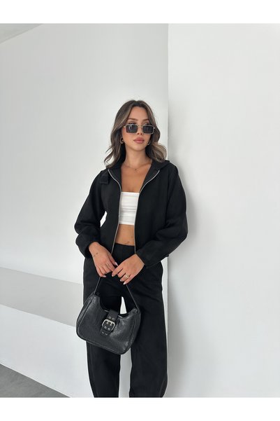 MİSPİER Suede Stand Collar Zipper Jacket and Trouser Set with Detailed Cuffs