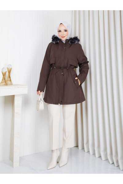 Marjinal City Brown Fur-Lined and Waterproof Women's Winter Coat & Jacket