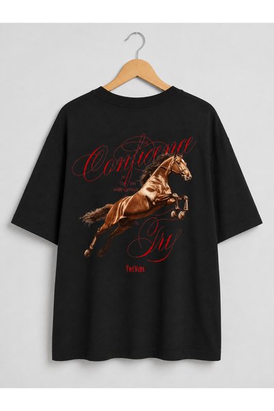 The Vibe Concept Women's Oversize Horse Print Back Patterned T-Shirt – Confidence