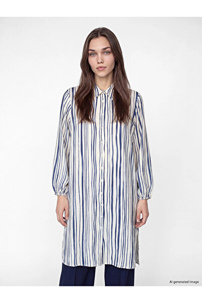 LC Waikiki Lcw Modest Navy Blue Striped Women's Shirt Tunic