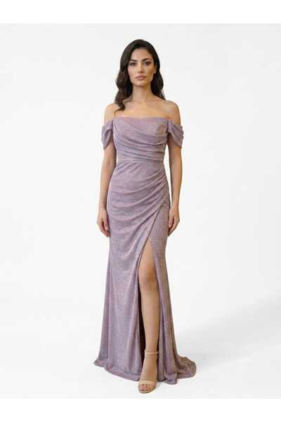 Butik Vedat فستان سهرة بأكمام منخفضة وفتحة جانبية باللون الأرجواني الفاتح
