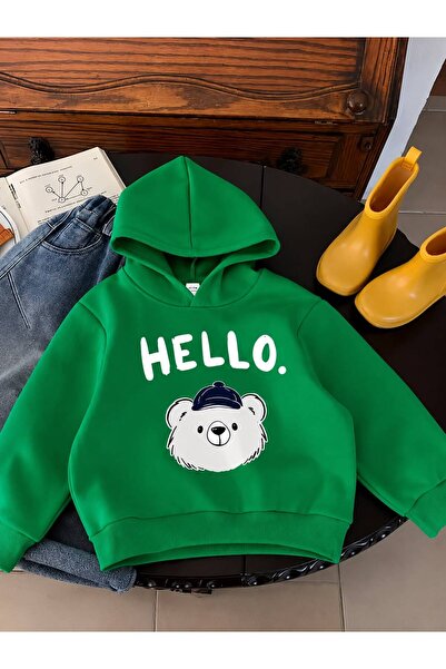 BENROMA 3 Yarn Combed Cotton Hello Printed Unisex Children's Hooded Sweat Wq5