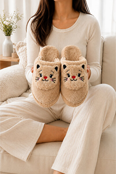 ZARICH Caty Cream Plush Cat Figured Closed Toe Non-Slip Winter Warm Comfortab...