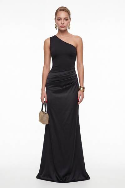 Lafaba Women's Black One-Shoulder Draped Long Formal Dress