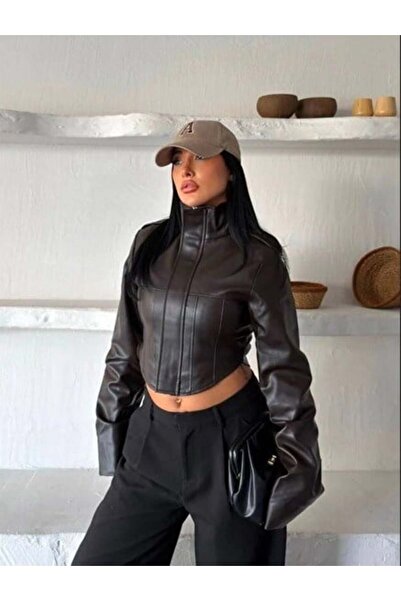 MODA DURAĞI FROZEN Jachetă din piele cu detalii corset, model nou, maro