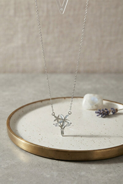 Lisinya Brass Silver Color Zircon Stone Flower Model Women's Necklace -