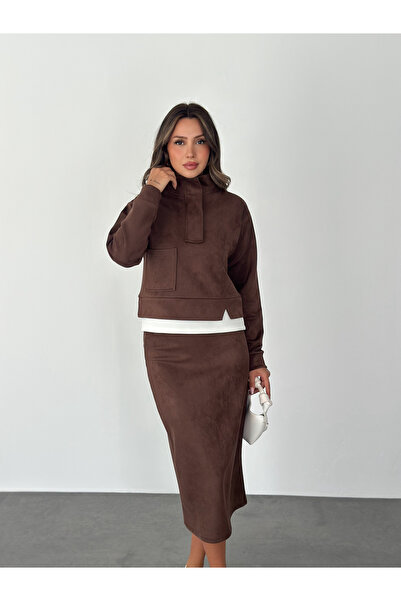 MİSPİER Suede Stand Collar Half-Zip Skirt Suit