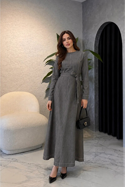 Moda Algan Dikiş Detaylı Kemerli Kot Elbise MA10066 Antrasit