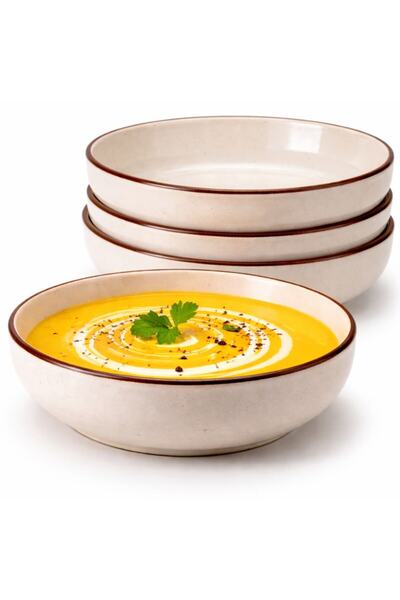 ANTBRO Set of 4 Deep Ceramic Plates , Premium Nordic Style Beige Bowls Ø20 cm...