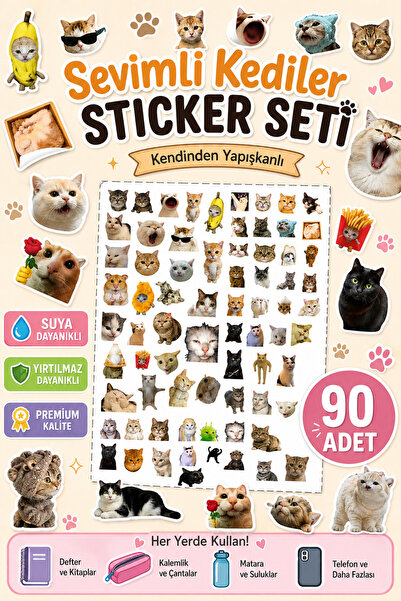 StickerLAB 90 Adet Kedi Sticker Seti | Sevimli Kediler Çıkartma Seti | Suya D...