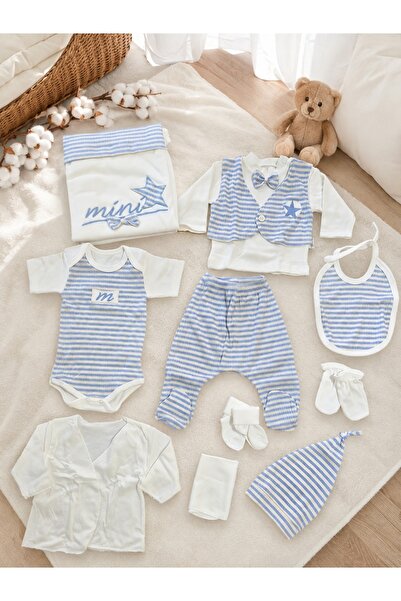 Pure Boutique Set nou nascut 10 piese bleu cu dungi din bumbac, complet pentr...