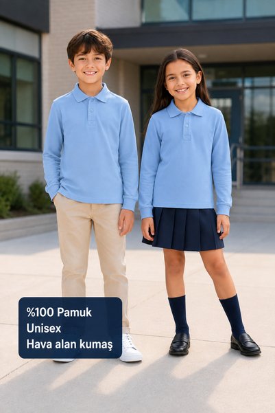 HER ŞEY NOTA www.herseynota.com Baby Blue Long Sleeve Unisex School Polo Coll...
