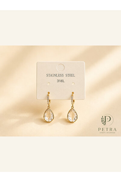stainless steell Damla Taşlı Gold Çelik Küpe