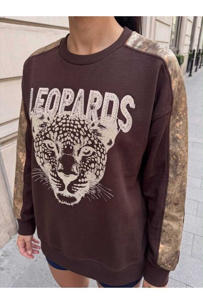 DOLCE QUEEN Women's Leopard Printed Stone Detailed Oversize Sweatshirt 2 Thre...
