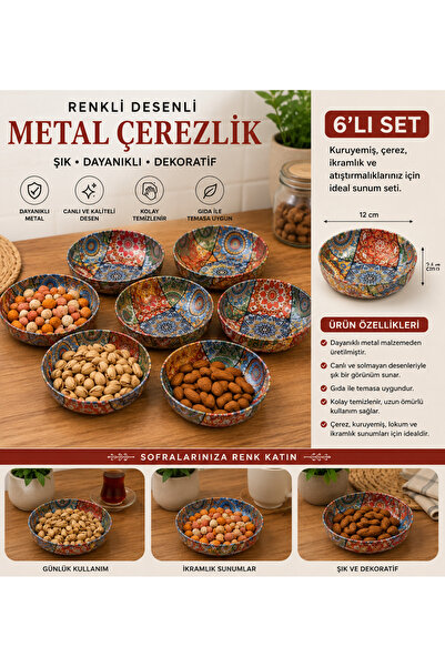 PANOROMA 6’lı Renkli Desenli Metal Çerezlik Seti – Kuruyemiş, İkramlık ve Atı...
