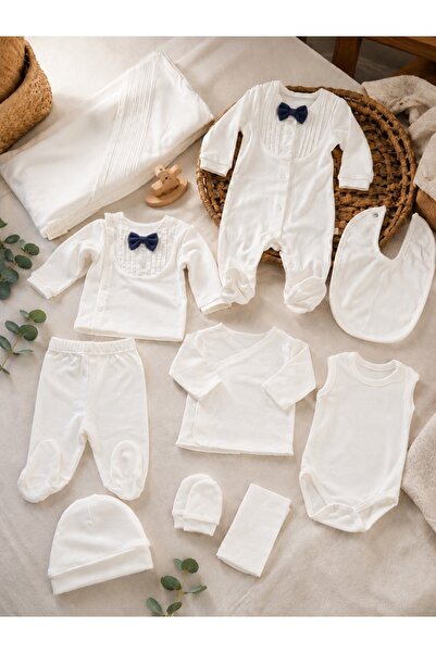Pure Boutique Set nou nascut elegant 10 piese din 100% bumbac alb cu papion b...