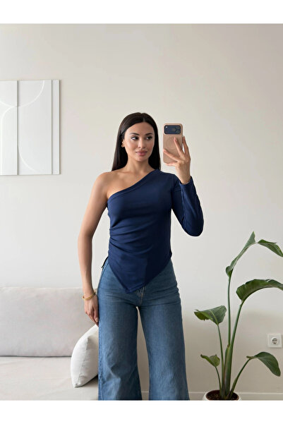 Zoom Butik Tek Omuz Asimetrik Bluz - LACİVERT
