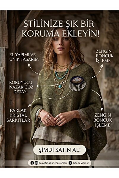 CROCUS DESIGN Tasarım Kristal taş ve kum boncuk sallantılı işleme nazar broş
