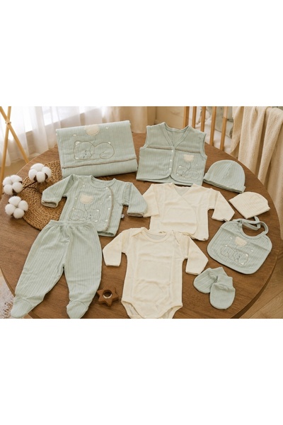 Pure Boutique Set nou nascut 10 piese din 100% bumbac verde salvie cu paturic...