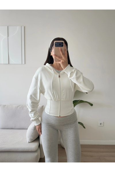 Zoom Butik Bel Korse Kapşonlu Hırka - BEYAZ