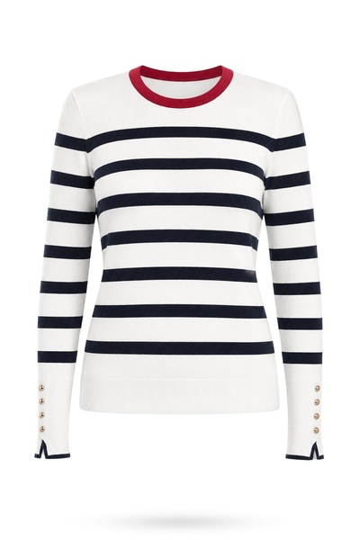 5in1Canpolat Ecru Crew Neck Striped Sweater 5498