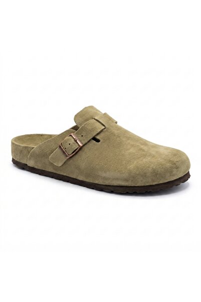 Bequemere Mk406 Khaki Genuine Suede Leather Full Covered Cork Sole Single Buckle Unisex Orthopedic Sabo Slippers