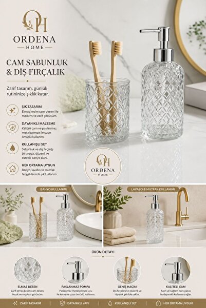 Genel Markalar Ordena Home 2'li Cam Banyo Seti Elmas Desenli Sıvı Sabunluk ve...