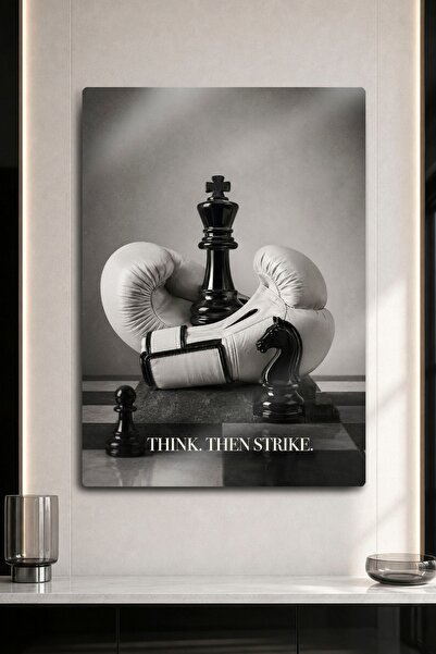 DekorHane Metal Duvar Dekoru - Think Then Strike Siyah Satranç Taşları ve Bey...