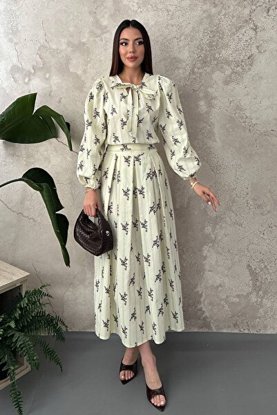 End Black Store Yellow Striped Floral Blouse Skirt Set