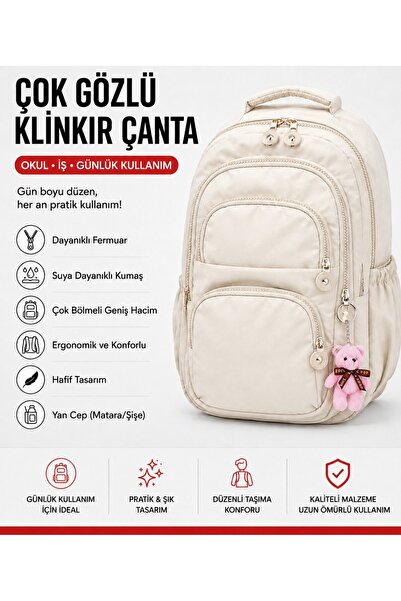 Melisa tekstil Krem 4 Gözlü Klinkır Kumaş Sırt Çantası Okul İş Günlük Kullanı...