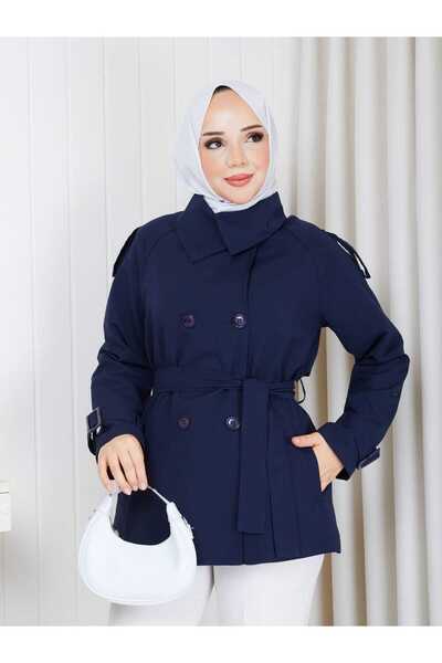 Vibeys Moda Linen Fabric Stand Collar Double Breasted Women's Trench Coat