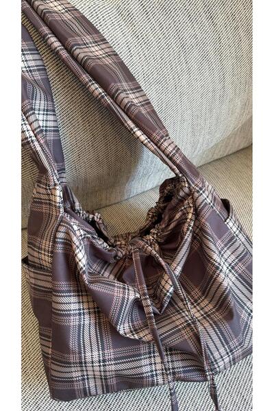 fluffy Su Geçirmez Tote Bag / Çapraz Kullanıma Uygun Ekose Okul Omuz Çantası (50*30)