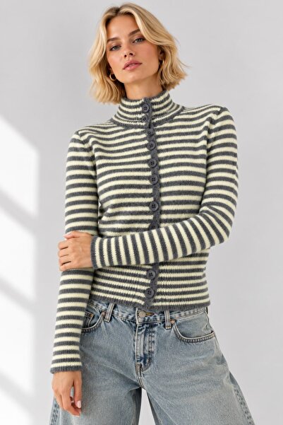 Arbucky Women's Buttoned High Collar Striped Knitwear Cardigan
