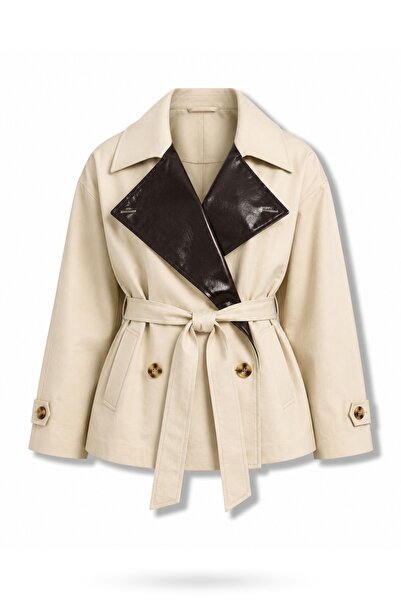 5in1Canpolat Beige Belted Double-Breasted Collared Short Trench Coat 1115