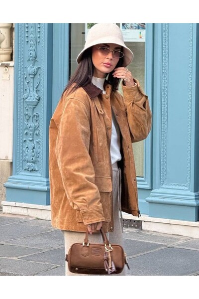 in MOOD Kadın Taba Kontrast Yaka Süet Ceket Düşük Omuz Oversize Vintage Tarz ...