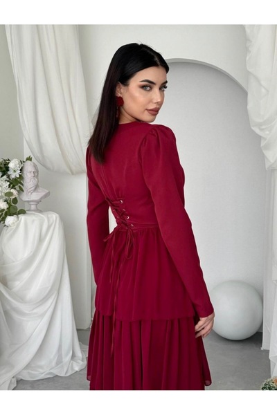 Dilek Vardar Bordo Kadın Uzun Kollu Kat Etekli Uzun Elbise