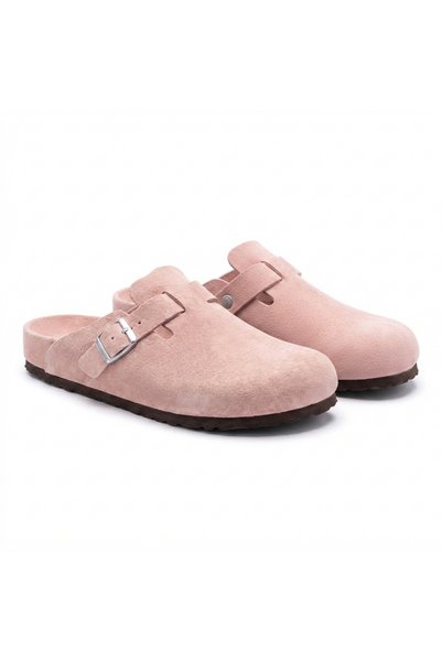 Bequemere Mk406 Pink Genuine Suede Leather Full Covered Cork Sole Single Buckle Unisex Orthopedic Sabo Slippers