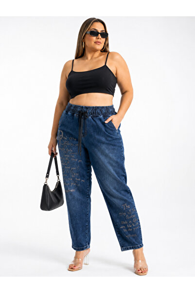 Trieste Plus Size High Waist Stone Lettering Embroidered Elastic Waist Lace-U...