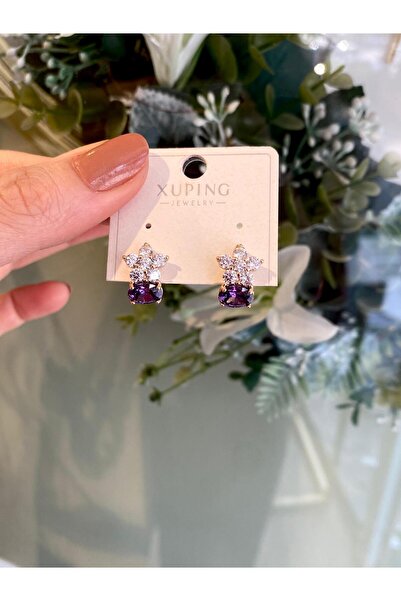 XUPING JEWELRY Özel Seri Zirkon Taşlı Çiçek Figürlü Mor Taşlı Minimal Boy Çel...