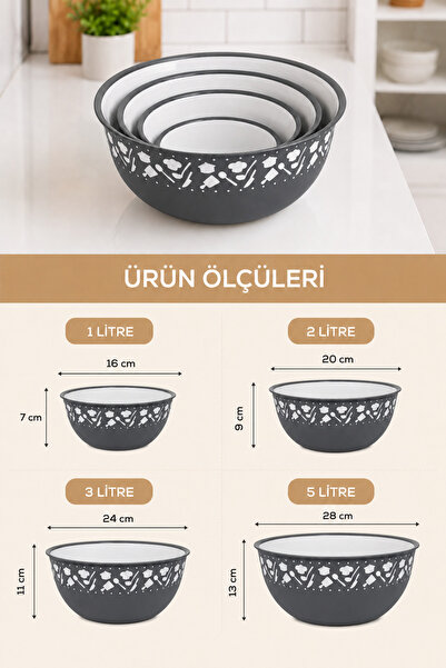 Ezupack 4'lü Yuvarlak Mega Boy Antrasit Plastik Karıştırma ve Yemek Hazırlık Saklama Kase Seti | 1L, 2L, 3L, 5L