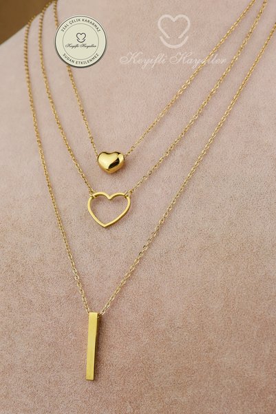 Keyifli Hayaller Triple Steel Necklace - Triple Heart and Bar 316L Steel Necklace, Non-Tarnish, Non-Fade