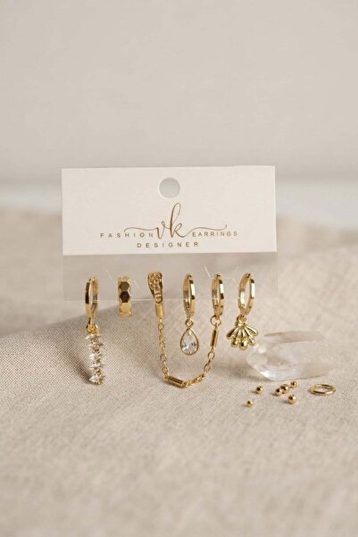 Inure Jewelry Gold Color Brass Zircon Stone Detailed 6-Piece Earring Combinat...