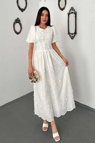 End Black Store Ecru brode balloon sleeve ruched dress