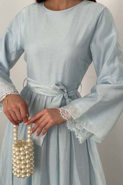 End Black Store Blue Dress with Lace Detail on the Sleeves