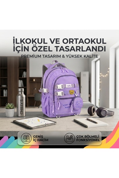 Waddell Premium Siyah Çok Bölmeli Su Geçirmez Laptop Bölmeli Ortopedik İlkoku...